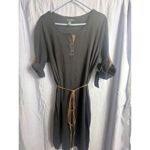 Lauren Ralph Lauren Black Cotton Henley Roll-Tab Belted Dress Plus 1X NEW